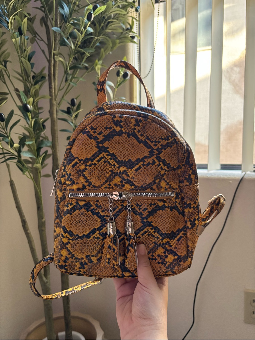 Snake-Print Mini Backpack - Mustard/Black